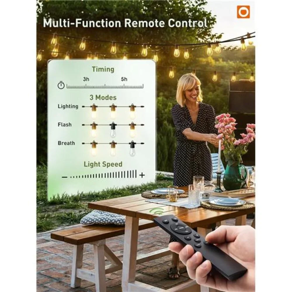 100FT LED Outdoor String Lights, Remote Dimmable Patio Lights with Timer